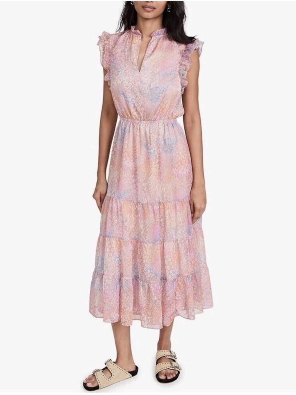 BB DAKOTA tiered maxi dress pink blue pastel Fits 6-8 floral Summer Feminine